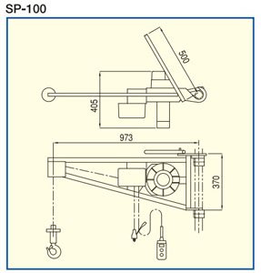 SP-100型帶強(qiáng)力臂小金剛提升機(jī)尺寸圖 SP-100型帶強(qiáng)力臂小金剛提升機(jī)尺寸圖